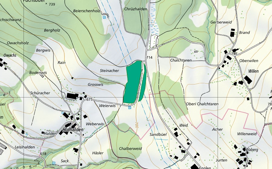 Carte nationale swisstopo avec le périmètre protégé de Hofhalden (Bas-marais)