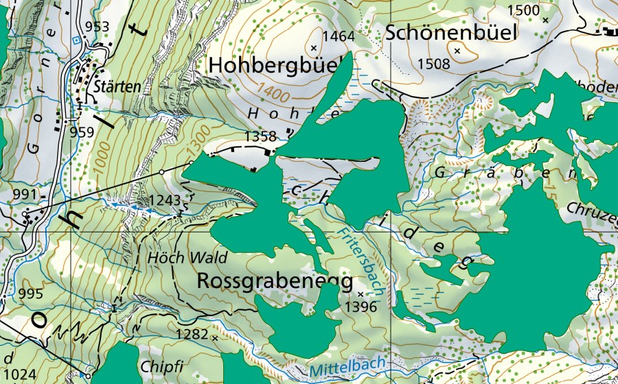 swisstopo national map showing the protected perimeter of Hohberg (Fen)