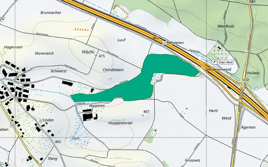 Landeskarte swisstopo mit dem Schutzperimeter von Hoperen/Hirzerenweid (Flachmoor)