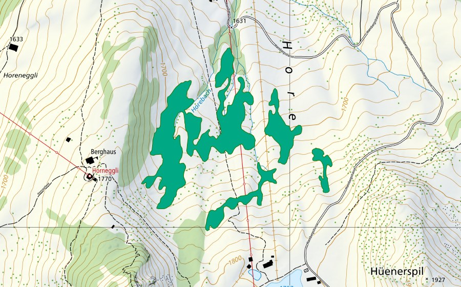 swisstopo national map showing the protected perimeter of Hornberg (Fen)