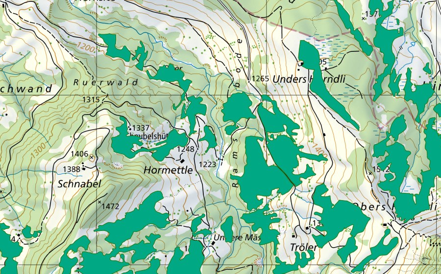 swisstopo national map showing the protected perimeter of Hornmettlen/Ruer (Fen)