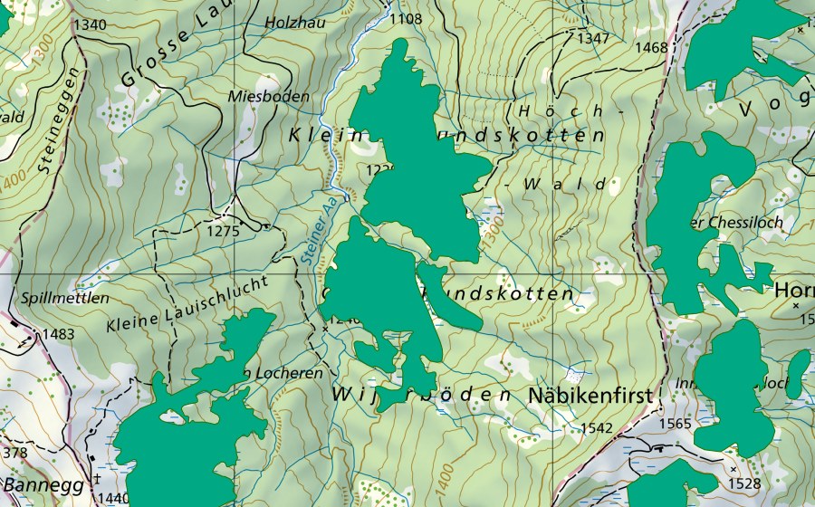 swisstopo national map showing the protected perimeter of Hunds-Chotten (Fen)