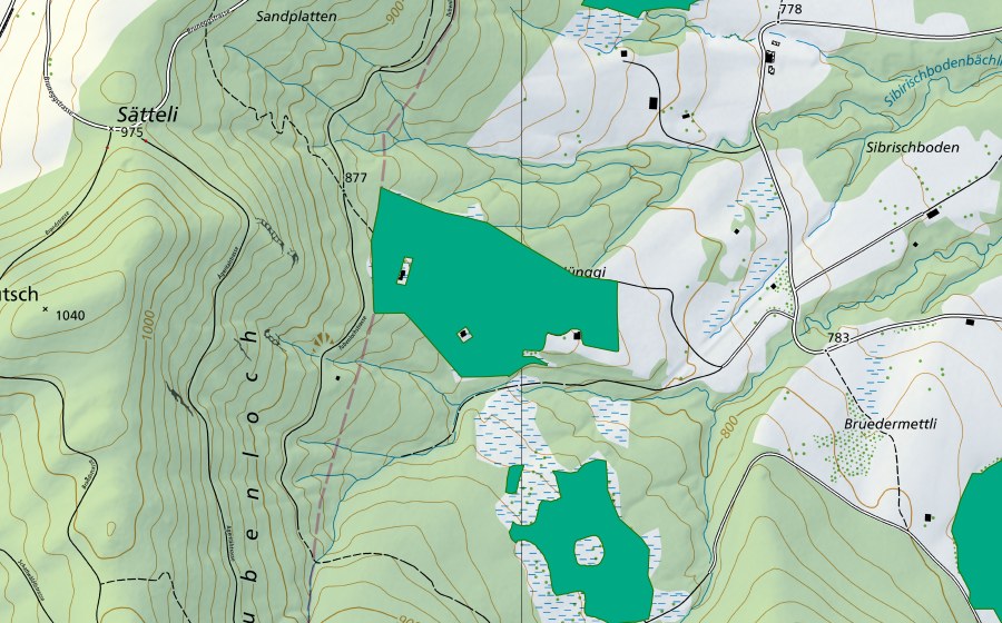 Landeskarte swisstopo mit dem Schutzperimeter von Hünggi (Flachmoor)