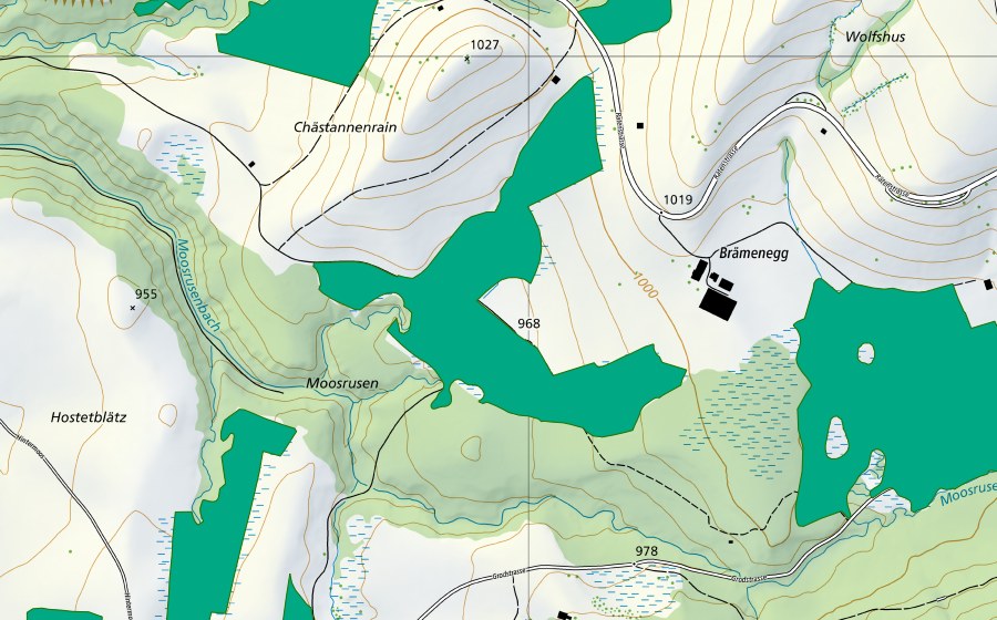 Carte nationale swisstopo avec le périmètre protégé de Hunntal (Bas-marais)
