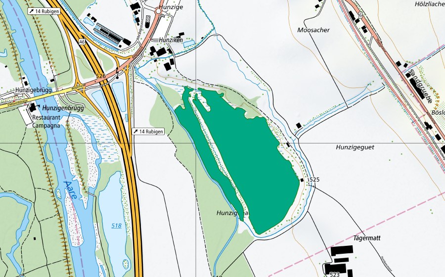 Carte nationale swisstopo avec le périmètre protégé de Hunzigeguet (Bas-marais)