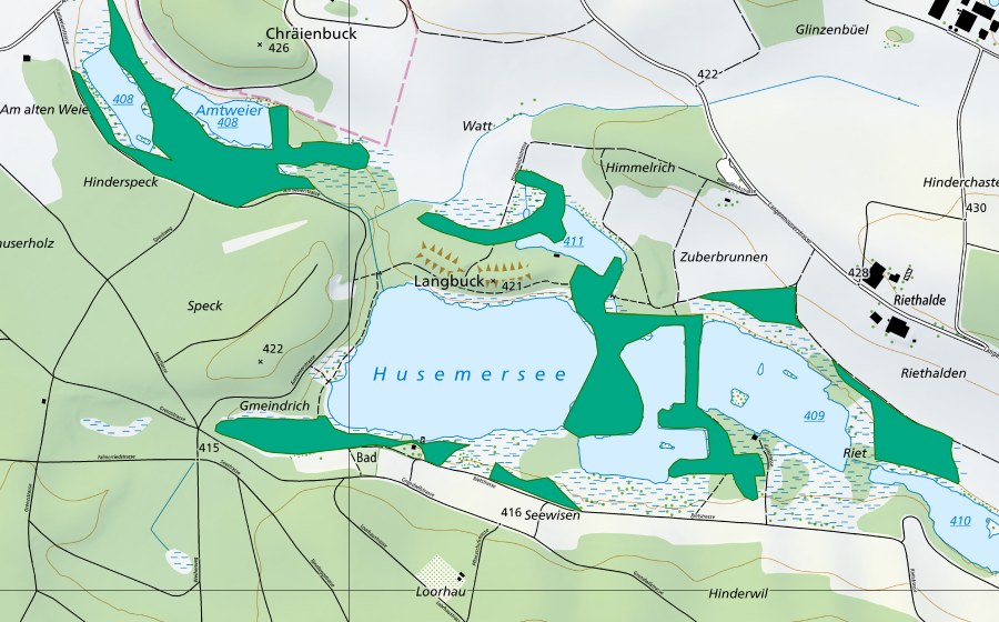 Carte nationale swisstopo avec le périmètre protégé de Husemersee (Bas-marais)