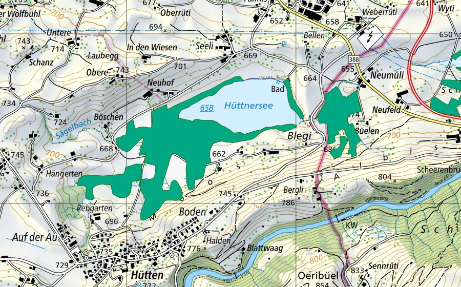 swisstopo national map showing the protected perimeter of Hüttner Seeli (Fen)