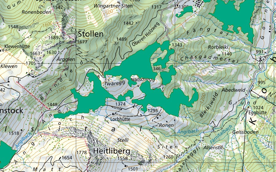Carte nationale swisstopo avec le périmètre protégé de Isital (Bas-marais)