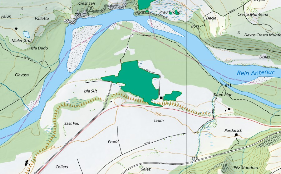Carta nazionale swisstopo con il perimetro protetto di Isla Sut (Torbiera bassa)