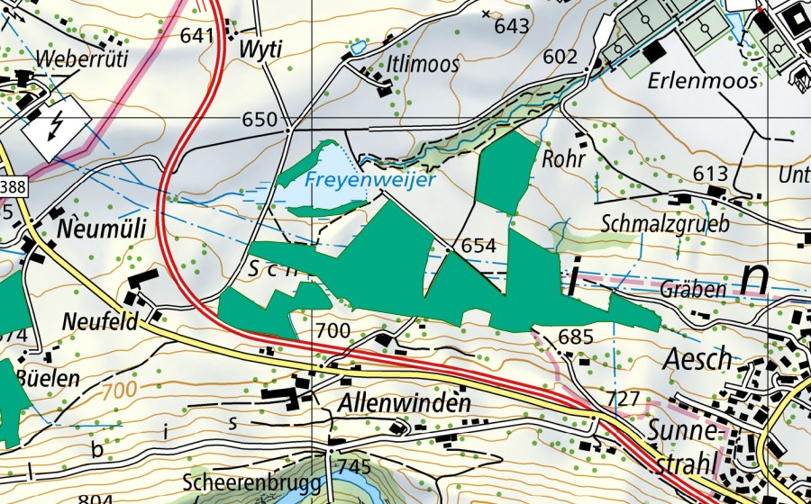 Carte nationale swisstopo avec le périmètre protégé de Itlimoosweiher/Schöni (Bas-marais)