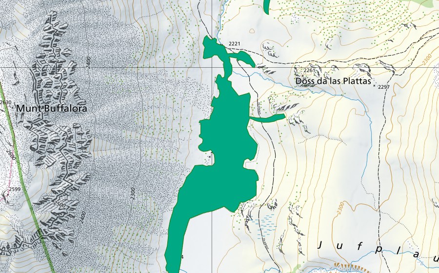 Carte nationale swisstopo avec le périmètre protégé de Jufplaun (Bas-marais)