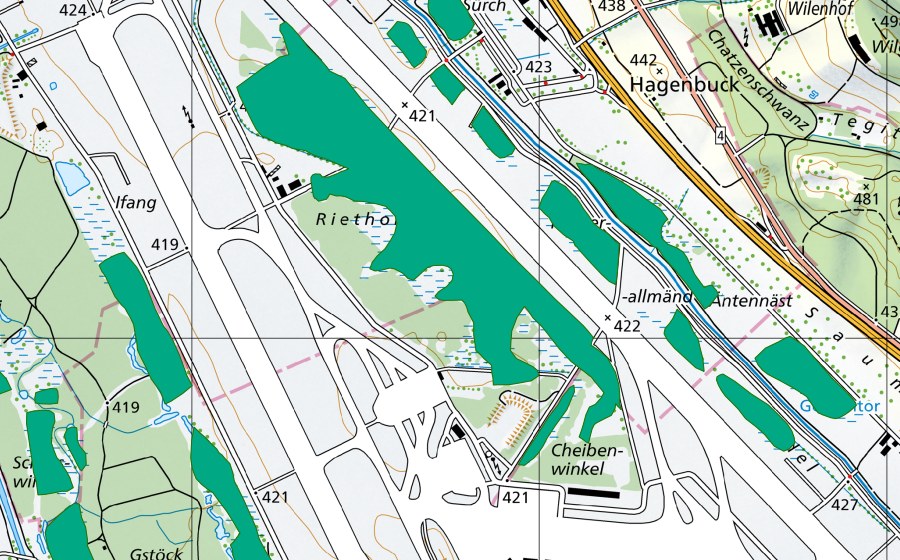 Carte nationale swisstopo avec le périmètre protégé de Klotener Riet (Bas-marais)