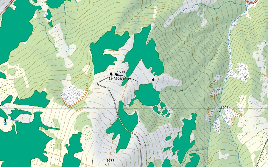swisstopo national map showing the protected perimeter of La Mossette (Fen)