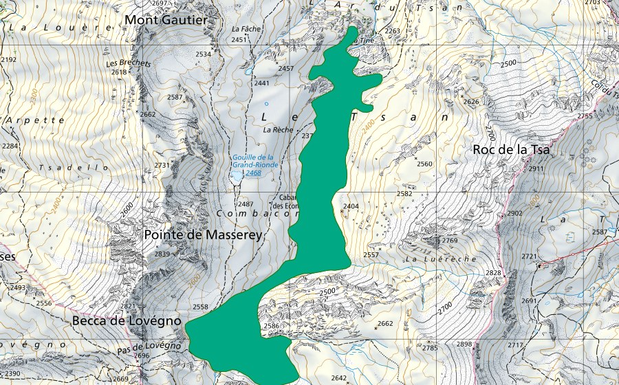 Carte nationale swisstopo avec le périmètre protégé de La Rèche (Bas-marais)