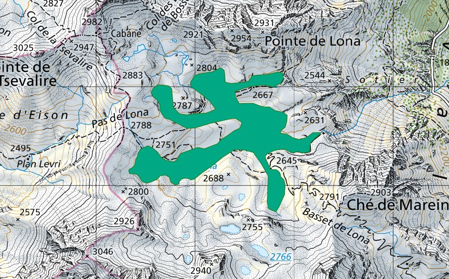 swisstopo national map showing the protected perimeter of Lac de Lona (Fen)
