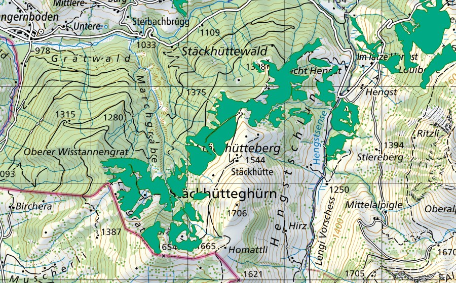 Carte nationale swisstopo avec le périmètre protégé de Ladengrat/Stäckhüttenberg (Bas-marais)