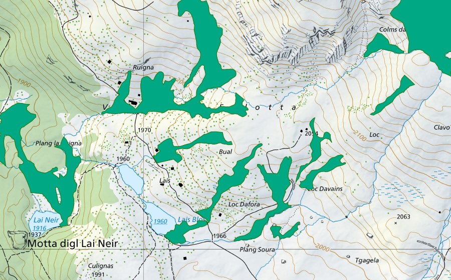 swisstopo national map showing the protected perimeter of Lais da Flix (Fen)