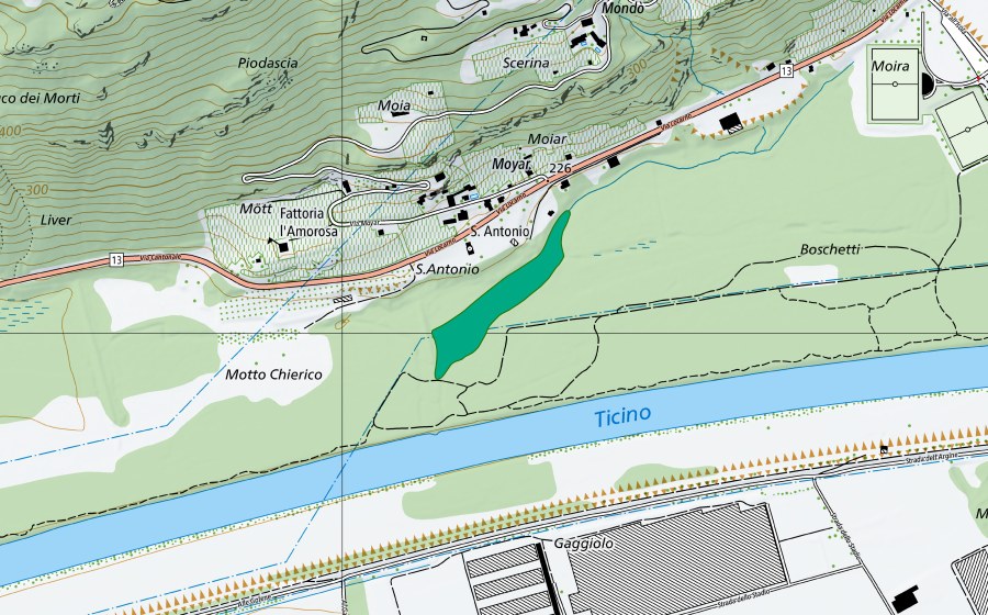 Carte nationale swisstopo avec le périmètre protégé de Lanca Sant'Antonio (Bas-marais)