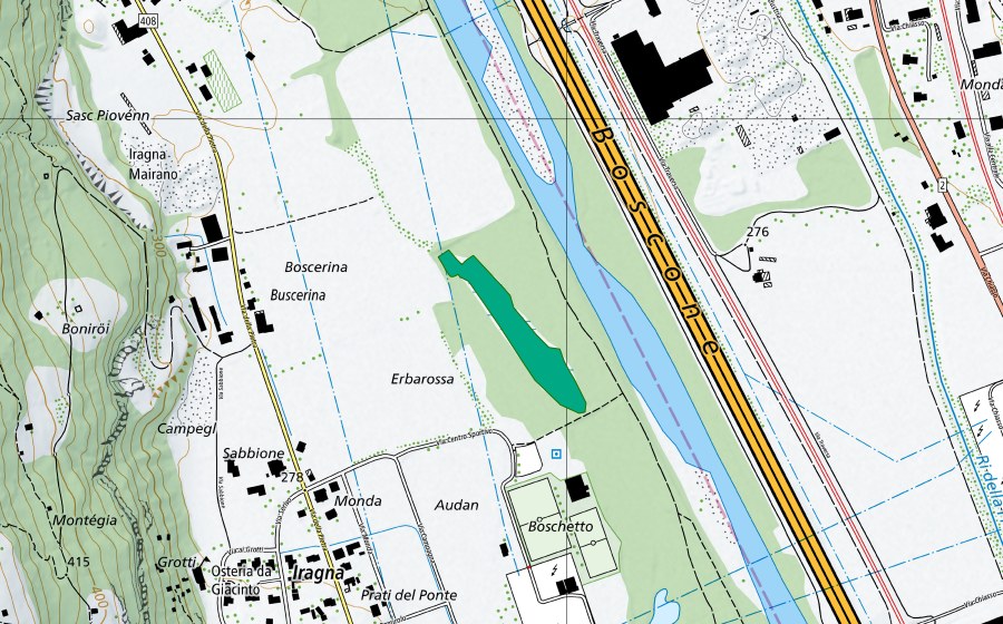 Carte nationale swisstopo avec le périmètre protégé de Lanche di Iragna Nord (Bas-marais)