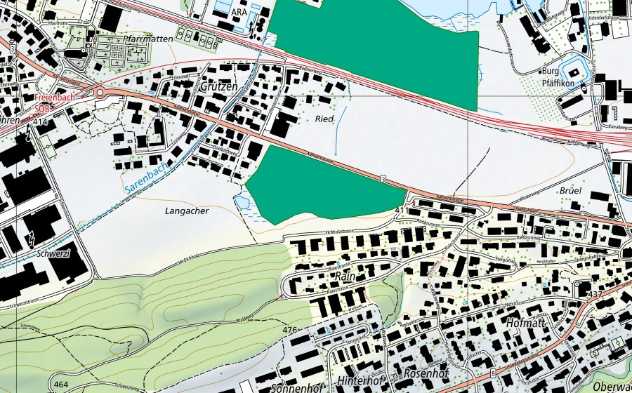 swisstopo national map showing the protected perimeter of Langacher (Fen)