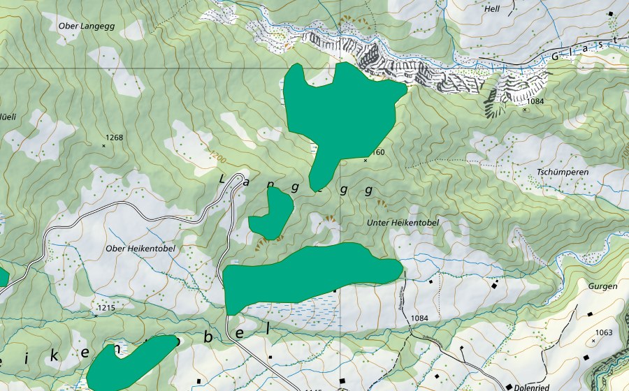 Landeskarte swisstopo mit dem Schutzperimeter von Langeggried/Unter Heikentobel (Flachmoor)