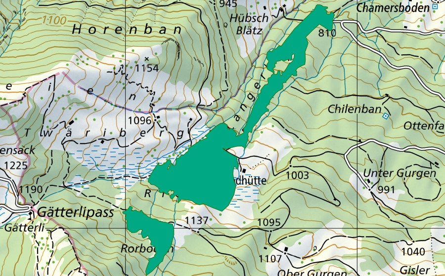 Landeskarte swisstopo mit dem Schutzperimeter von Langerli/Riedhütte/Rohrboden (Flachmoor)
