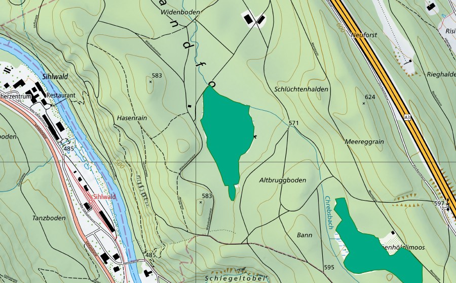 swisstopo national map showing the protected perimeter of Langmoos (Fen)