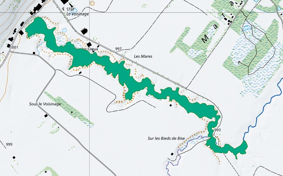 Carte nationale swisstopo avec le périmètre protégé de Le Bied des Ponts-de-Martel (Bas-marais)