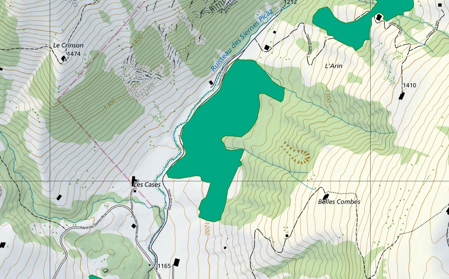 Landeskarte swisstopo mit dem Schutzperimeter von Les Cases (Flachmoor)