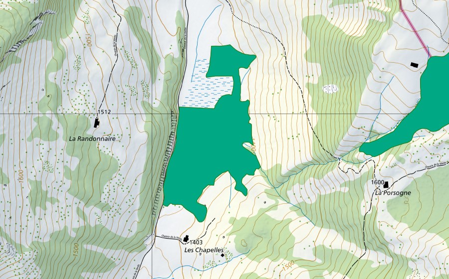 swisstopo national map showing the protected perimeter of Les Chapelles (Fen)