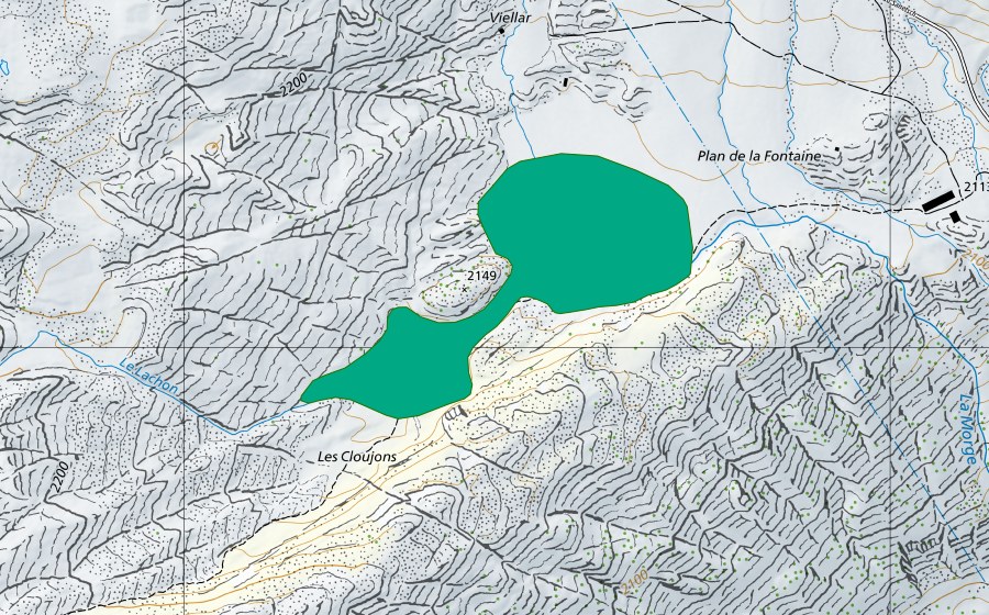Landeskarte swisstopo mit dem Schutzperimeter von Les Cloujons (Flachmoor)