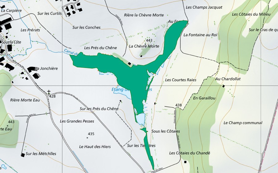 swisstopo national map showing the protected perimeter of Les Coeudres (Fen)