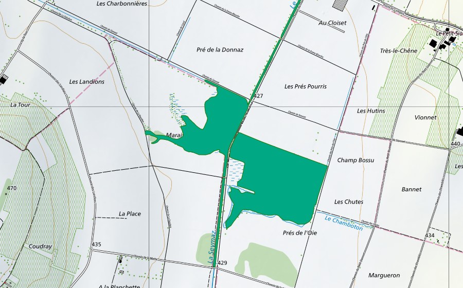 swisstopo national map showing the protected perimeter of Les Creuses (Fen)