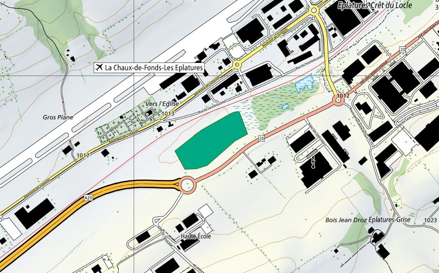Carte nationale swisstopo avec le périmètre protégé de Les Eplatures-Temple (Bas-marais)
