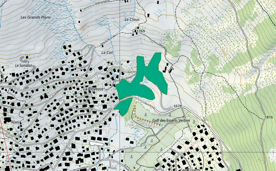 swisstopo national map showing the protected perimeter of Les Esserts (Fen)