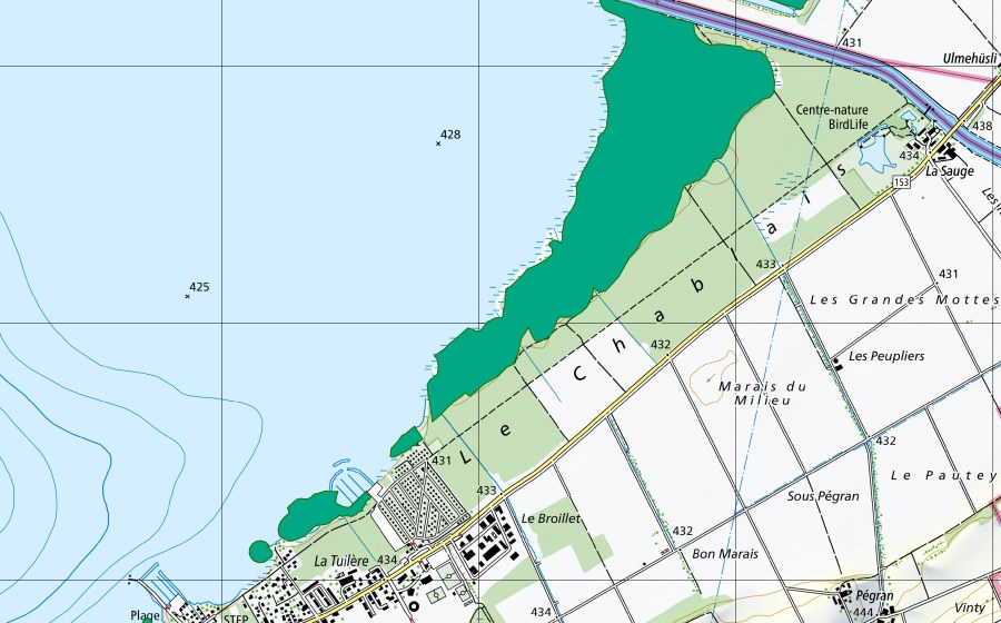 Carte nationale swisstopo avec le périmètre protégé de Les Grèves (Bas-marais)