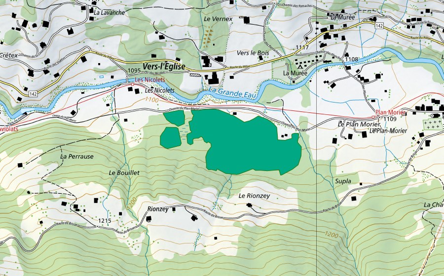 Carte nationale swisstopo avec le périmètre protégé de Les Nicolets (Bas-marais)