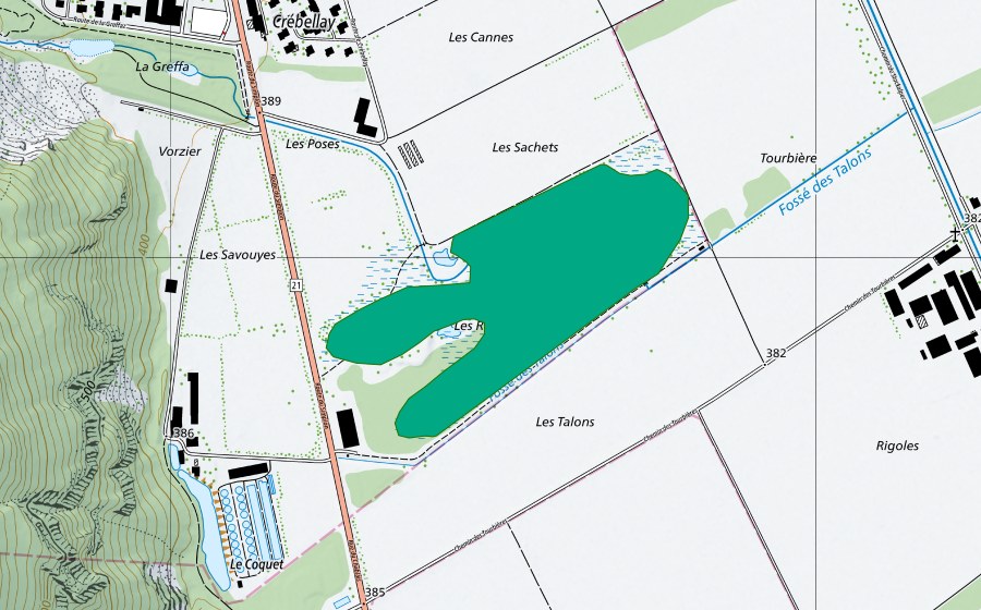 swisstopo national map showing the protected perimeter of Les Rigoles (Fen)