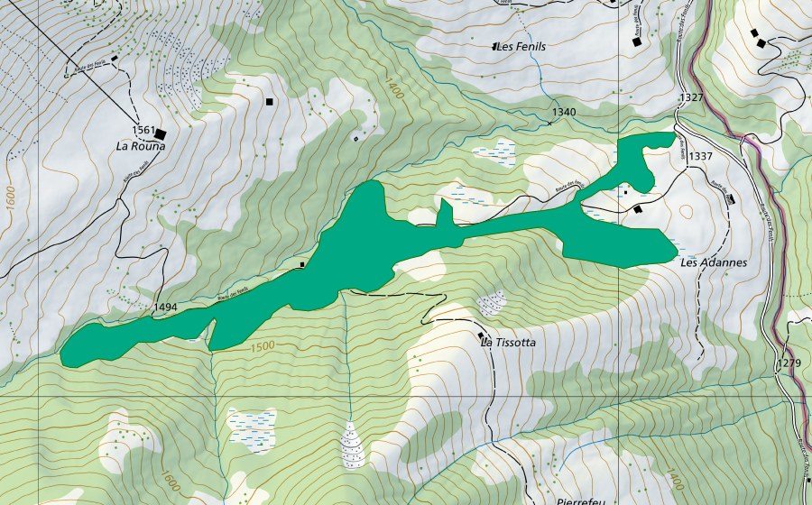 Carte nationale swisstopo avec le périmètre protégé de Les Roseys (Bas-marais)