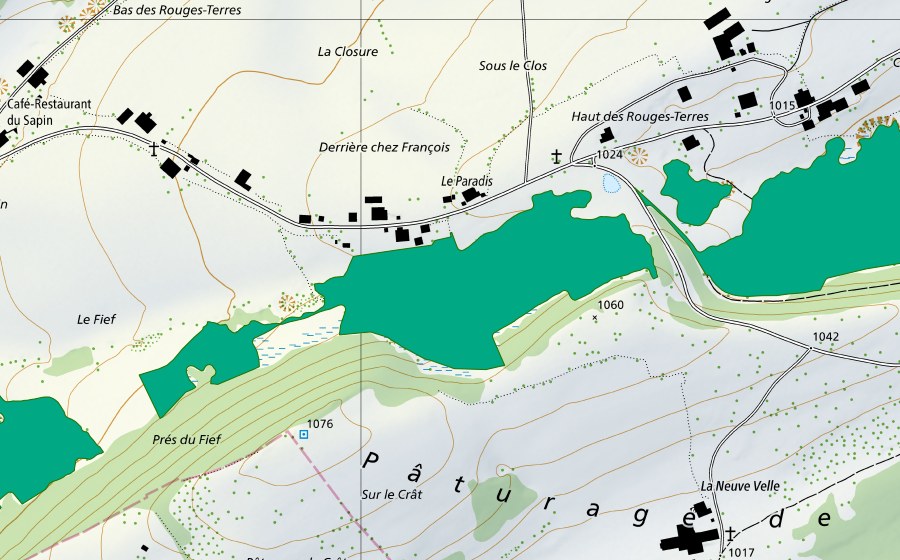 Carte nationale swisstopo avec le périmètre protégé de Les Rouges Terres (Bas-marais)