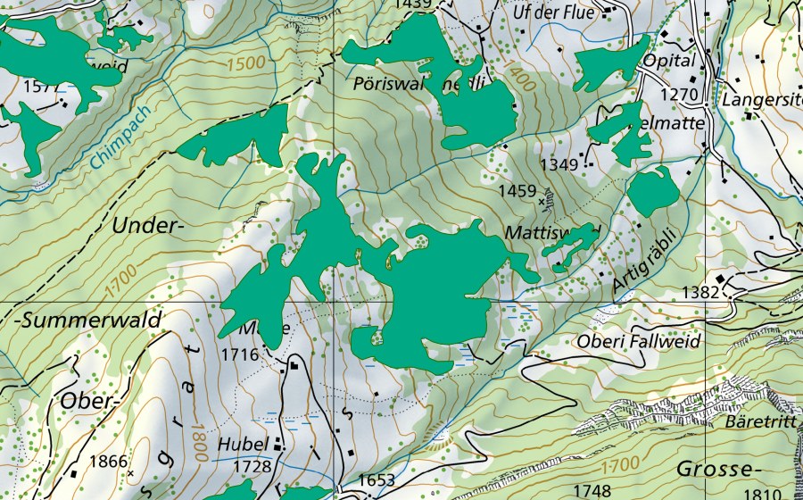 Landeskarte swisstopo mit dem Schutzperimeter von Lischböde (Flachmoor)