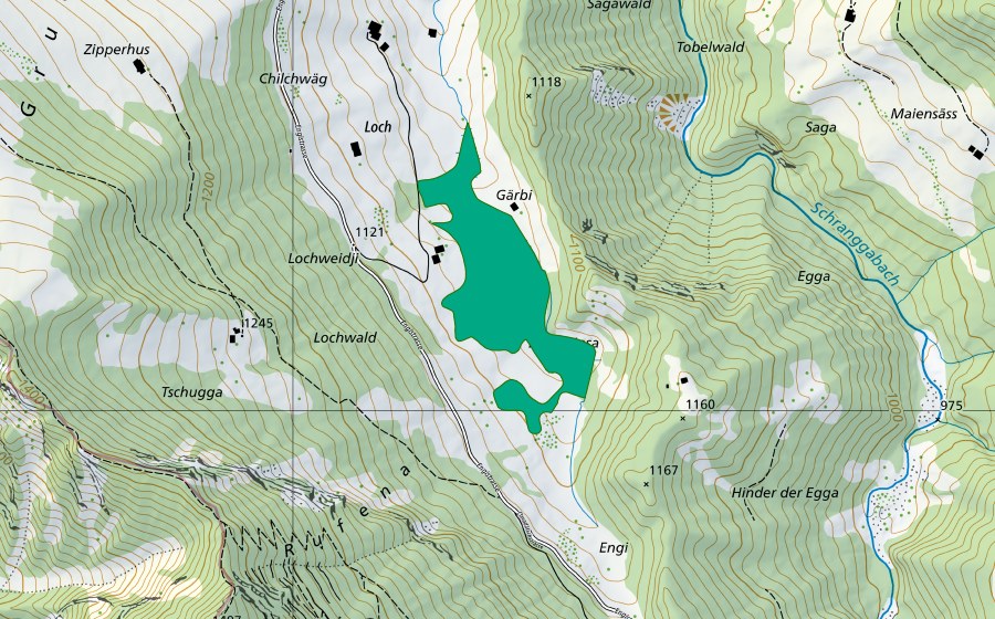 Carte nationale swisstopo avec le périmètre protégé de Loch (Bas-marais)