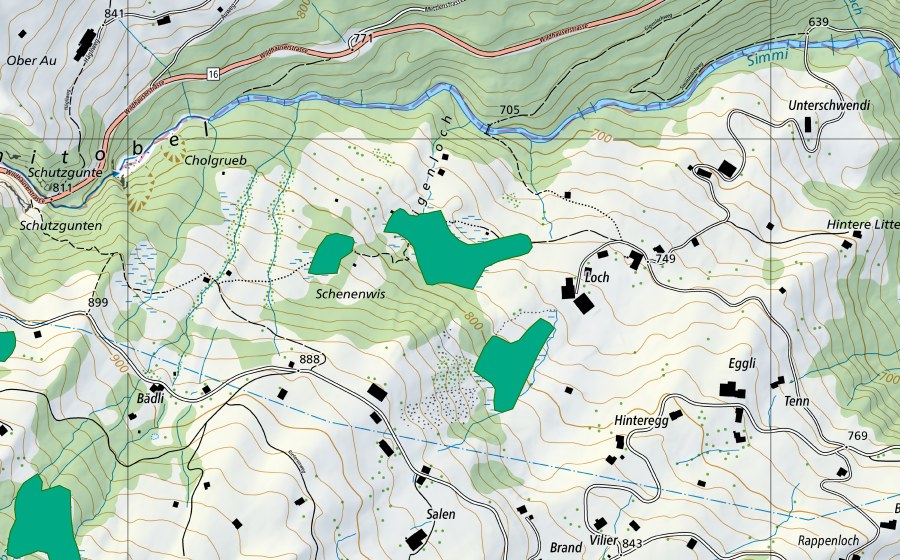 Carte nationale swisstopo avec le périmètre protégé de Loch (Bas-marais)