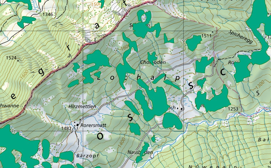 Carta nazionale swisstopo con il perimetro protetto di Lochalp (Torbiera bassa)