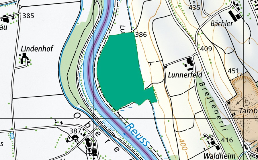 Carte nationale swisstopo avec le périmètre protégé de Lunnerallmend (Bas-marais)