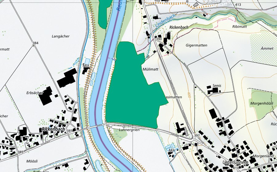Landeskarte swisstopo mit dem Schutzperimeter von Lunnergrien (Flachmoor)
