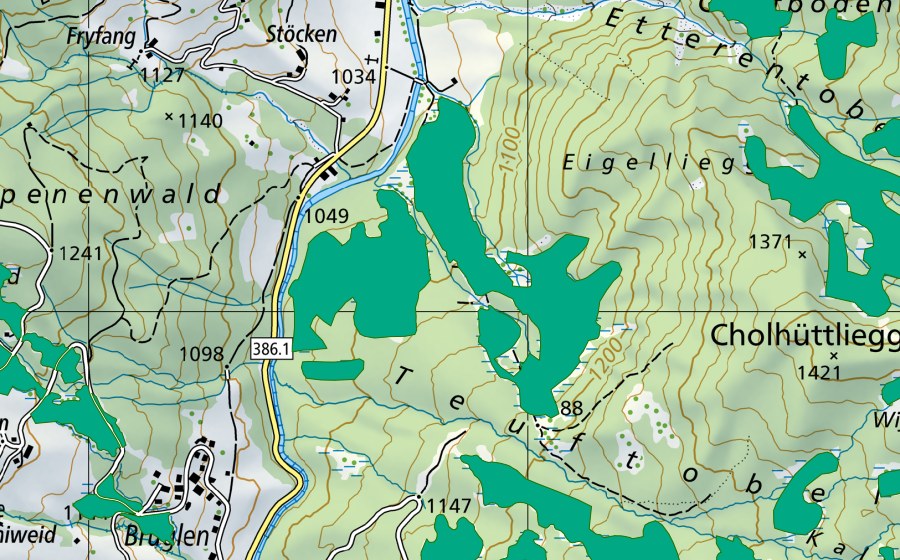 Carte nationale swisstopo avec le périmètre protégé de Lünzelblätz/Cholhüttli (Bas-marais)
