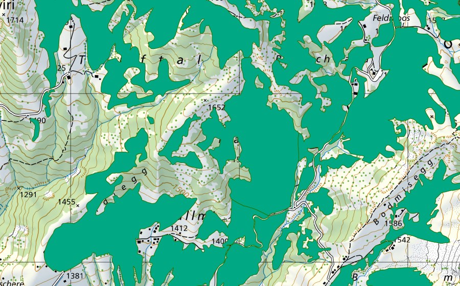swisstopo national map showing the protected perimeter of Mad (Fen)