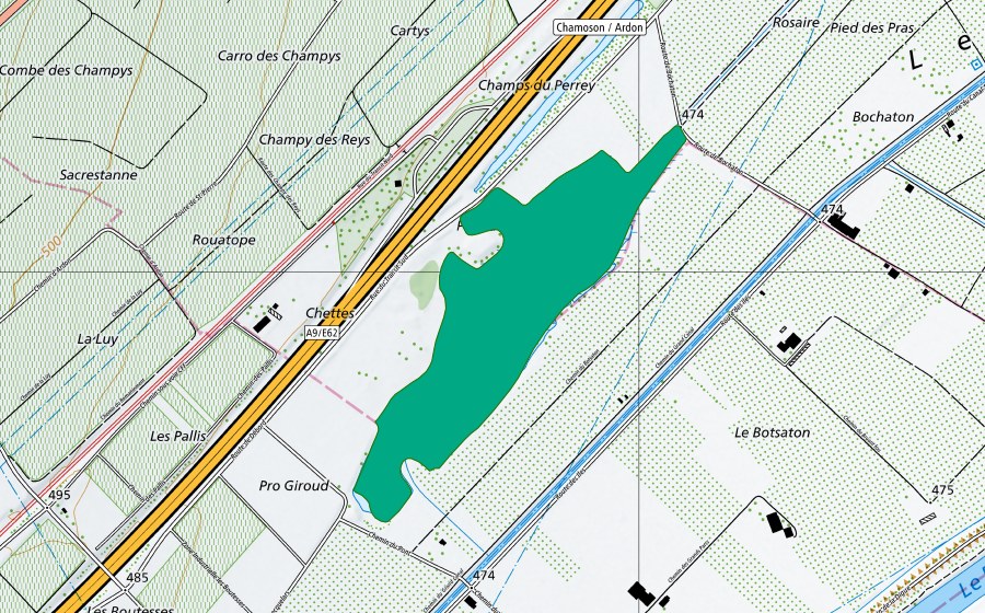 Landeskarte swisstopo mit dem Schutzperimeter von Marais d'Ardon et de Chamoson (Flachmoor)