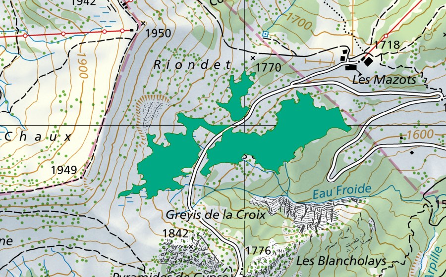 Carte nationale swisstopo avec le périmètre protégé de Marais d'Ensex (Bas-marais)